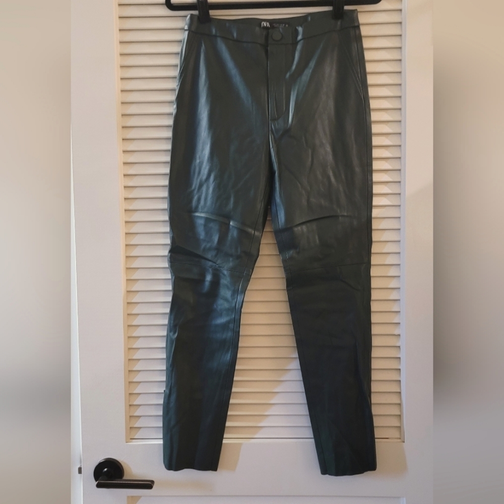 Zara - Dark Green Skinny Faux Leather Pants With Zipper Ankles